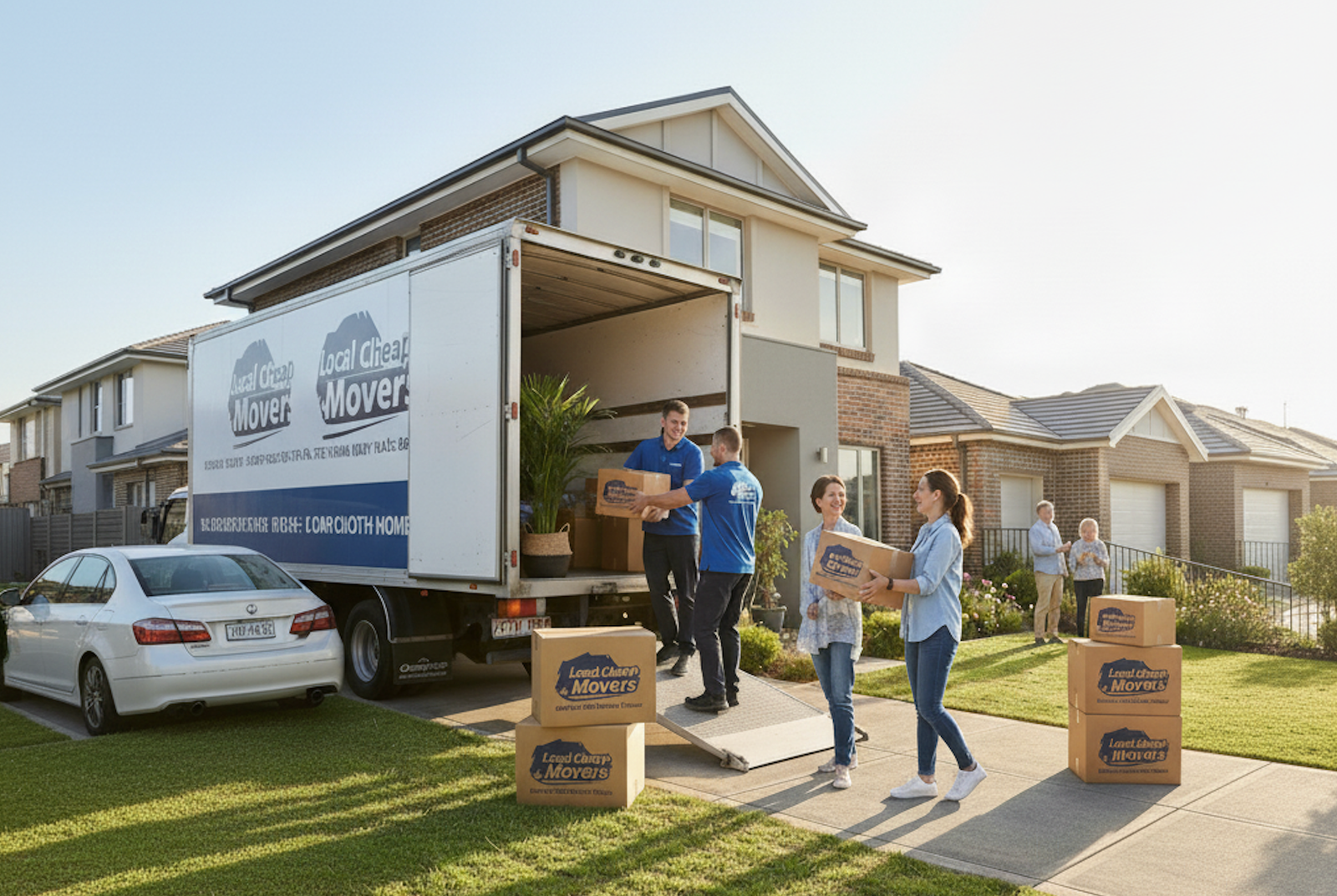 Two professional movers loading large furniture items into the back of a blue Local Cheap Movers truck in Perth.